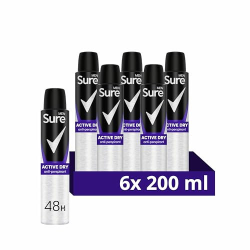 Sure Men Active Dry Anti-Perspirant Aerosol Men's Deodorant Spray with MotionSense technology for 48 hour protection against sweat and odour 6x 200 ml