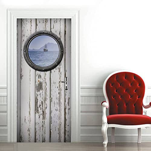 A.Monamour Türtapete Selbstklebend Türfolie Türposter 3D Schiff Bullauge Auf Weiße Holzwand Vinyl Folie Türdeko Tapete Wandbild Türaufkleber Türtattoo 90 x 200 cm