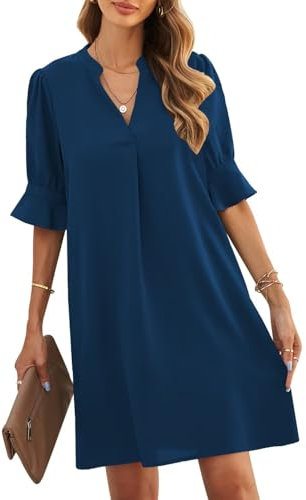 ANFTFH Damen Tunika Kleid Sommer Kurz Kleider Elegant Blusekleid Freizeitkleid Locker Kleider mit Halbärmeln Blau S