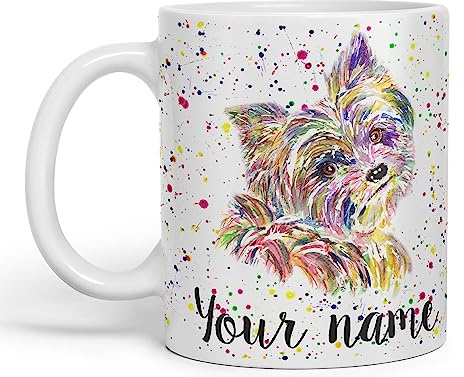 Vixar Personalised with Your Text Yorkshire Terrier Yorkie York Dog Pet Animals Watercolour Art Coloured Ceramic Mug Cup Gift 330ml 11oz Custom Work Office Tea Coffee (O2) (White)