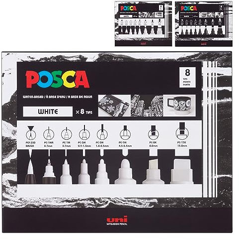 Uni Posca Posca - Set di pennarelli con tutti i tipi di pennarelli, 8 pennarelli Posca a vernice con punta di ogni dimensione per colorare e disegnare su qualsiasi superficie, formula atossica