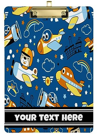 Presse-papiers en acrylique personnalisé, ajoutez votre texte personnalisé unique A4 presse-papiers format lettre avec clip à profil bas 30,5 x 22,9 cm Silver Clip Planes Cartoon Funny Pilot