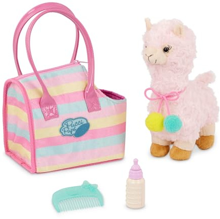Pucci Pups - Gestreifte Tasche & Lama - Plüsch-Lama - Plüschtier - Tragetasche - Blauer Kamm & Flasche - Kinder ab 3 Jahren