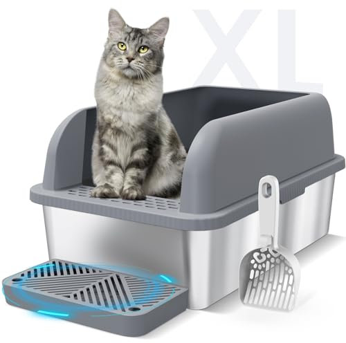 Suzzipaws geschlossene Katzentoilette aus Edelstahl mit Deckel, extra große Streubox für große Katzen, XL-Metallstreuschale mit hohen Seitenwänden, antihaftbeschichtet, auslaufsicher (Grau)