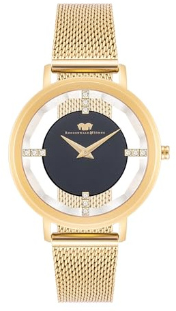 Rhodenwald & Söhne Lucrezia Damenuhr Edelstahl Milanaisearmband Gelbgold | Zifferblatt,Schwarz,verziert mit Kristallen,3 ATM,Mineralglas,Quarzwerk,Analog,Armbanduhr,Skeletonoptik,10010421