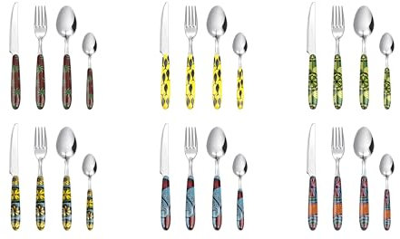 Excelsa Afrika - Juego de 24 cubiertos multidecoración, acero inoxidable, mango de plástico