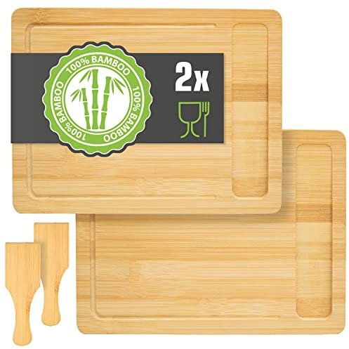 DuneDesign Set d'Assiettes à Raclette 2 Personnes - 30x22 Planche à Raclette en Bois avec Spatule - Dessous de Poêlon à Raclette en Bois - Accessoires pour Raclette - Planchette à Raclette en Bambou