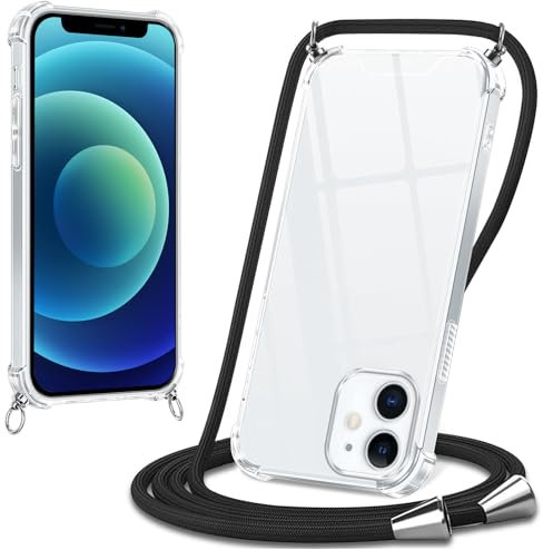 Xylota Coque avec Cordon pour iPhone 12 mini 5,4,Etui avec Collier Réglable Laniere Tour de Cou Lanière Corde Lanyard, Transparente Silicone Souple TPU + PC Case Antichoc Protection Housse Cover,Noir