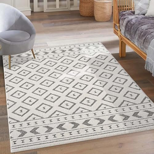 carpet city Kurzflor Teppich Grau, Creme - 200x290 cm - Wohnzimmer-Teppiche Hochtief-Muster, 3D-Effekt - Raute-Muster - Flachflor Bodenbelag, Deko Schlafzimmer