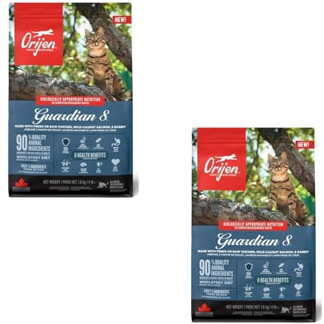 Orijen Guardian 8 | Doppelpack | 2 x 340 g | Trockenfutter für ausgewachsene Katzen | 90% tierische Zutaten | Mit frischem oder rohem Geflügel- und Fischzutaten