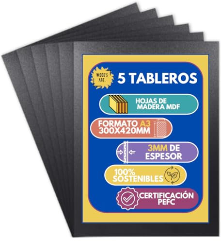 Wood's Art - 5 Stück schwarze MDF-Platten - Größe A3 (300 x 420 x 3 mm) - Ideal für Laserschneiden, Basteln, Brandmalerei, Schneiden, Modellieren