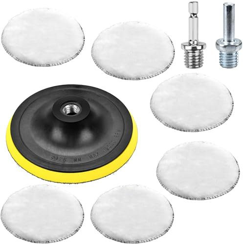 9 Piezas Almohadilla de Pulido de Lana, Esponja Pulir Coche, kit Pulido Coche, 125mm Lana para Pulir para Coche con Adaptador de Taladro M14 y Adaptador Hexagonal para Limpieza y Pulido de Autos