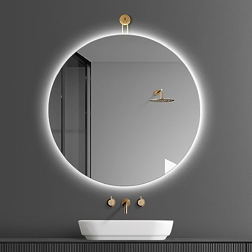 BomDog Miroir de Salle Den,Miroirs Pour Salle Den, Miroir de Salle Den À Leds Circulaire À Suspendre, Miroir Mural Avec Crochet En Acier Inoxydable/Rose Gold/50Cm