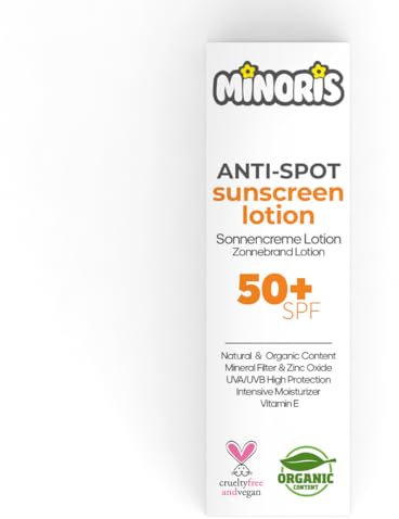 Minoris Lozione Solare Anti-Macchie SPF 50+ | Biologica, Naturale & Minerale, Protezione ad Ampio Spettro per Pelli Sensibili | Ipoallergenica, Vegana, Resistente all’Acqua, Base per Make-up, 150 ml