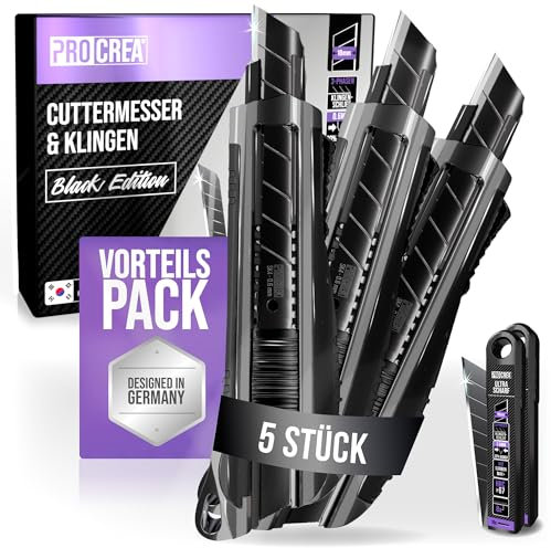 PROCREA® Premium 5er Cuttermesser & Klingen Set Black Edition [Extrem Robust & Ultrascharf] Das 18 mm Teppichmesser in bester Qualität - inkl. extra starken & scharfen Qualitäts-Abbrechklingen