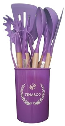 TINA&CO Juego de 12 Utensilios de Cocina de Silicona con Mango de Madera - Kit de Cocina Completo de Menaje, Antihaderente, Resistentes al calor y Duraderos (Morado)
