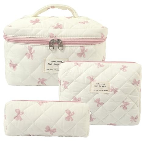 3-Piece Cosmetic Bag Set, Make Up Bag, Quilted Cosmetic Bag with Bow Pattern, Fashions Floral Pattern Quilted Large Capacity Soft Cotton Cosmetic Bag (V)