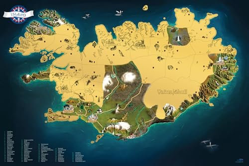 Rubbelkarte Island Deluxe XL - 90x60cm Handgemalt Kratzkarte (Gold)
