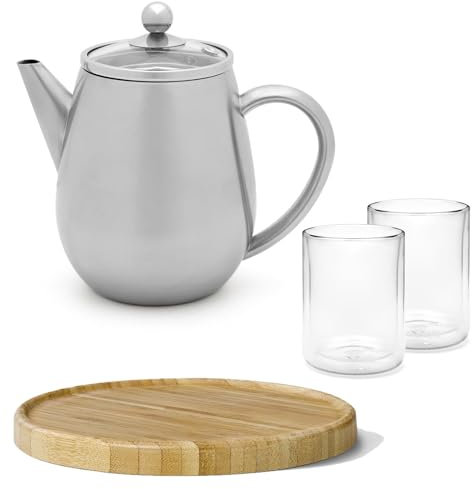 Bredemeijer Doppelwandige Mini Teekanne 0.5 Liter silber - glänzende Edelstahlkanne Set mit braunem Holz-Untersetzer & 2 isolierende Teegläser je 290 ml