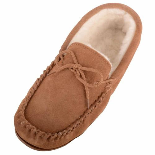 ABSOLUTE FOOTWEAR Mens Wool Lined Suede Moccasin with Lace Detail, Rubber Sole