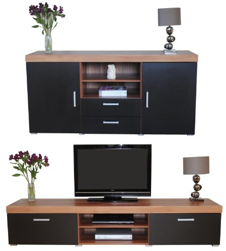 Moderno mueble de TV de 2 metros y aparador grande, color negro y nogal, elegante mueble de sala de estar