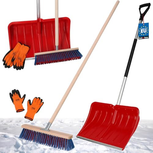 KOTARBAU® Set Schneeschaufel mit Aluminiumstiel 135 cm Straßenbesen 43 cm + Handschuhe Schneeschieber Snow Shovel Schneeräumer Gartenbesen mit Stiel draußen Schneeschaufel Auto zur Schneeräumung