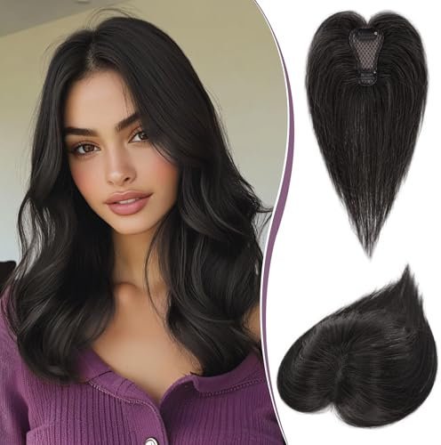 RUWISS Haar Toppers für Frauen Echthaar Topper Leichtes Natürlich Schwarz Clip in Haarteil für Dünner Haar Oberkopf Flauschiger Glatter Hair Topper ohne Pony