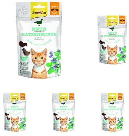 GimCat Crunchy Snacks Ente mit Katzenminze - Knuspriges und proteinreiches Katzenleckerli - 1 Beutel (1 x 50 g) (Packung mit 5)