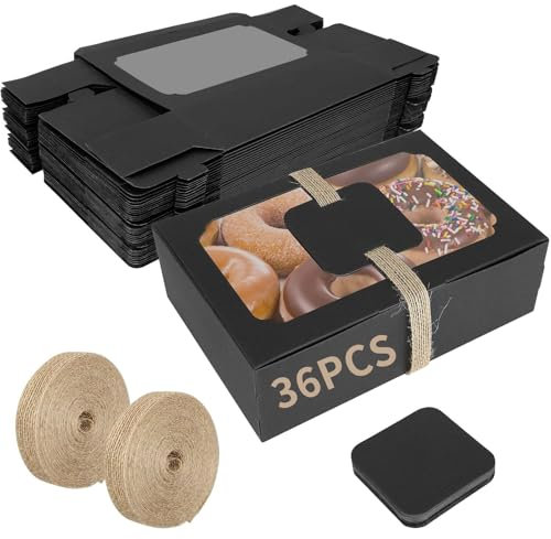 Oungy 36 Pack Cookie Boxes with Window, 22x15x7cm Black Brownie Boxes with Window, Cards and Twine, Empty Sweet Boxes Bakery Boxes for Chocolate, Donuts, Cookies, Muffins