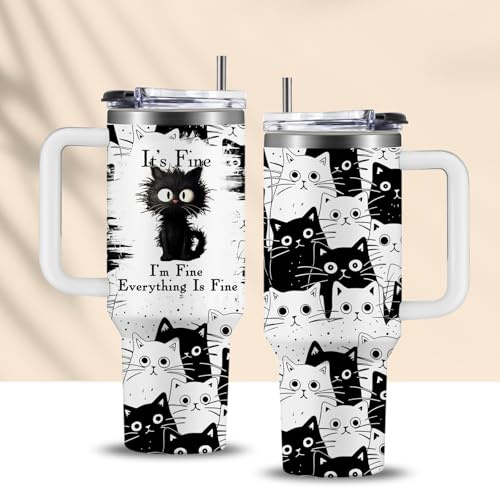 CGMIBAS Cat Lover Gifts, Gift for Cats Lovers Women Men Girls Funny 30oz Black Cats Themed Tumbler Cups with Handle - Everything Is Fine Mug, Christmas Birthday Gift for Black Cat Mom Lady Gifts Cup