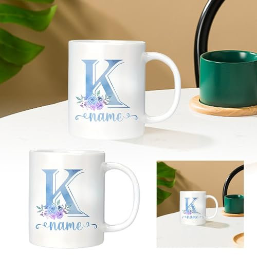 TheUnifury Floral Initial Mug - Cute Coffee Mugs Ceramic for Women Flower Birthday Xmas Amazing Clear Glass Cups (White, 9.5x8.1cm)