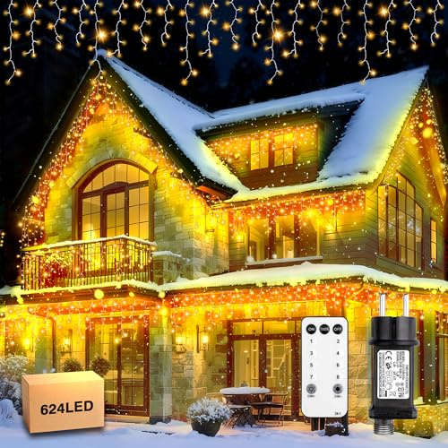Xahpower Eisregen Lichterkette Außen, 18 m 624 LEDs Wasserdicht Lichtervorhang with Fernbedienung, 8 Modi, Wasserdichte Eiszapfen Lichterkette für Weihnachten, Hausdach, Balkon, Garten, Warmweiß