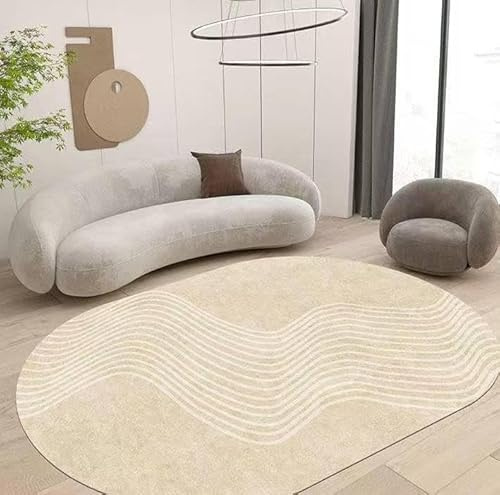 Ovaler Teppich, 200 x 300 cm, weicher Kurzflor, maschinenwaschbar, Wohnzimmerteppich, rutschfest, groß, für Schlafzimmer, modern, schlicht, gewellt, Beige