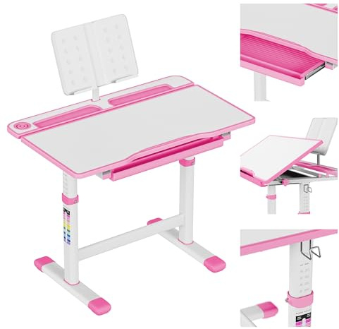 MARK ADLER Study 3.0 Kinderschreibtisch - Höhenverstellbar 54-76 cm | Schreibtisch Kinder ab 6 Jahren - Neigbare Tischplatte - mit Schublade und Buchständer - Ergonomisch zum Lernen – Rosa
