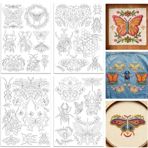 ORIGACH 4 Blatt Motten Insekten Und Blumen Stickvorlagen Wasserlöslich | Selbstklebend Wasserlöslich Stickvlies, Wasserlöslicher Stabilisator für Handstickerei, DIY Projekte, Stichübungen