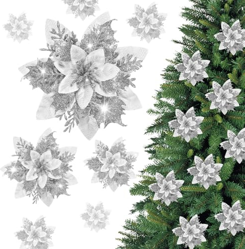 16Pcs Christmas Glitter Poinsettia Flowers, Christmas Artificial Decorations for Tree, Xmas Tree Flowers Decorations, Silver Artificial Flowers for DIY Xmas Trees Garland Decor