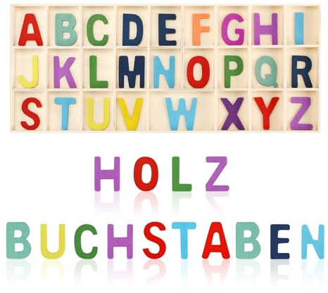 Vasmeiy 130 Stück (5 Sätze) Holzbuchstaben Set Lagerung in Tablett (3cm) | Großbuchstaben A-Z, Holzbuchstaben zum Basteln, Holzalphabet für Kunst und Handwerk, DIY, Kindererziehung, Bunt