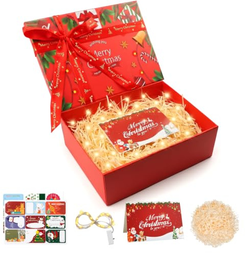 Faltbare Weihnachts Geschenkbox mit Deckel, LED Lichterkette, 290x220x105mm | Stabile Geschenkboxen für Weihnachten, Inkl Karte Raffia & Zufällige Weihnachtsklebefolien, zum Einpacken von Geschenken