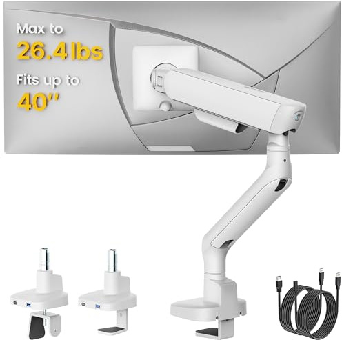 monTEK Single Monitor Arm with USB for 17-40 Screens | Mechanical Spring, Holds up to 26.4 lbs, C Clamp/Grommet Desk Mount, VESA 75/100mm