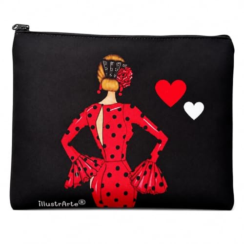 illustrArte Trousse Maquillage Flamenco 22x17 cm – María Rouge | Trousse maquillage flamenco imperméable, format pratique pour voyage, école, danse ou accessoires.