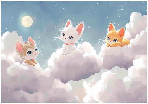 WallArena - Papier peint panoramique intissé für Mädchen chats 350x250 cm - Papier peint photo non tissé - Pour salon et chambre à coucher - Effet 3D - Avec colle - Nuages, ciel, animaux