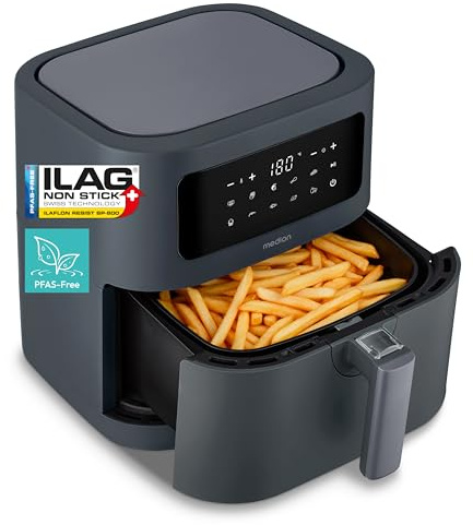 MEDION E40 XL Heißluftfritteuse (5,2 Liter, Airfryer, 2.150 Watt, 9 Automatikprogramme, Backfunktion, ölfreies Frittieren, Touch Bedienfeld, LED Anzeige, ILAG PFAS-frei) matt grau