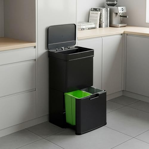 [en.casa] Sensor Mülleimer Venna Küche Mülltrennsystem 3 Fächer 62 L Abfalleimer Edelstahl mit Deckel 75 x 42 x 32 cm Schwarz