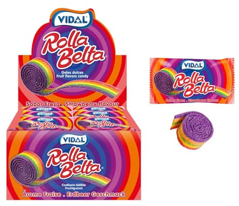 Vidal Rolla Belta Display Box - 24 einzeln verpackte Fruchtgummi Rollen - Wahl: Unicorn, Multicolor oder Erdbeere - Süß-saure Fruchtgummis für Einzelhandel & Partys (Multicolor)
