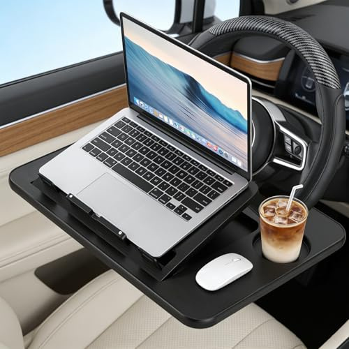 VeftBltrem Car Steering Wheel Tray Table, 3 in 1 Laptop Desk with Drinks Holder, Adjustable Height & Angle, Multipurpose Travel Accessories for Long Road Trips, Eating Working – Black