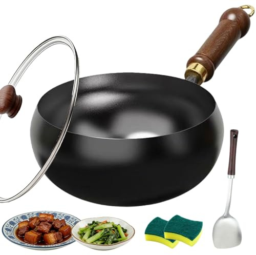 Uncoated Thick Iron Pot, Japanese Cast Iron Pot with Lid & Spatula, Durable Hangable Wooden Handle, for Frying & Stir-Frying on Induction Cooker, Gas Stove (Glass Lid, 28cm/11in)