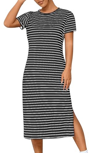 Womens Dresses Short Sleeve Crew Neck Striped Dress Elegant Styles Work Office Midi Dress with Split Hem Summer Beach Vacation T Shirt Sundress