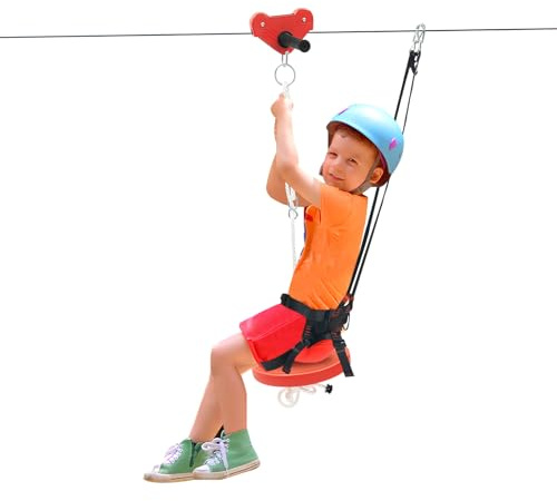 DAHAD 160ft Zip Line Kit for Kids & Adults, Kids Zip Line, Garden Zip Wire with Spring Brake, Safety Harness & Seat, Heavy Duty Steel Cable 150kg Capacity, Outdoor Backyard Playground Set
