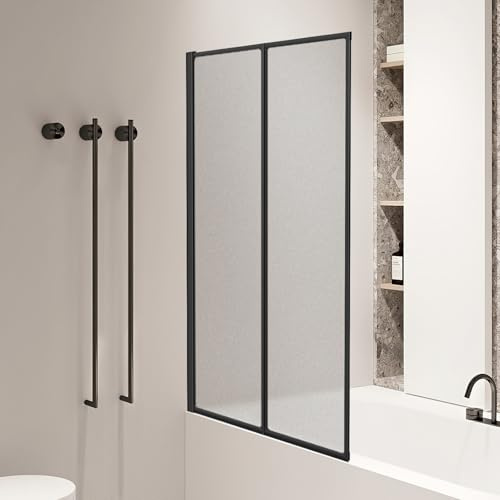 Jaxguom Duschwand für Badewanne 100 x 140 cm, Duschabtrennung Badewanne aus Kunststoff,2-teilig Faltbar,Aluminium-Rahmen Schwarz,Links Oder Rechts Montierbar,mit Mattstruktur