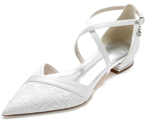 HFWXYSA Scarpe Sposa Donna Punta Affusolata Pizzo Ballerine Basse | Scarpe da Sposa Donna Punta Affusolata Pizzo Sandali Eleganti Tacco Basso Blocco Cinturino Caviglia Scarpe Cerimonia